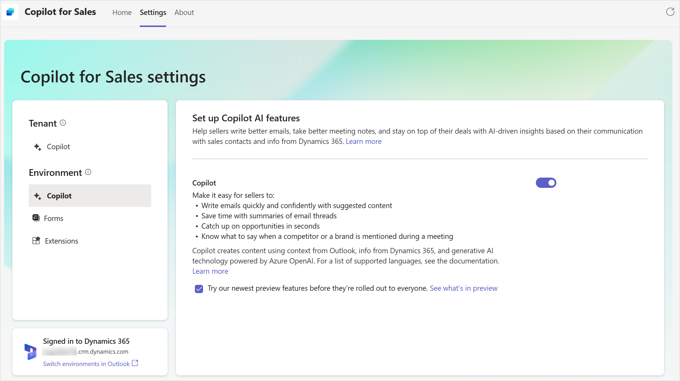 Screenshot of the Copilot for Sales Settings tab in Teams.