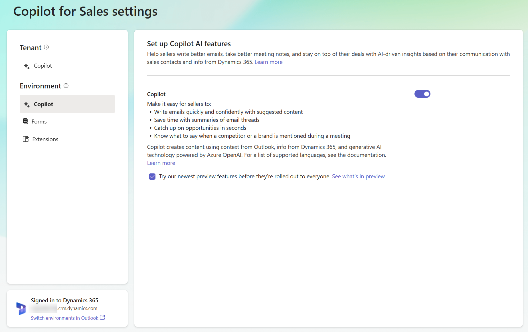 Screenshot of Copilot for Sales settings for an environment.