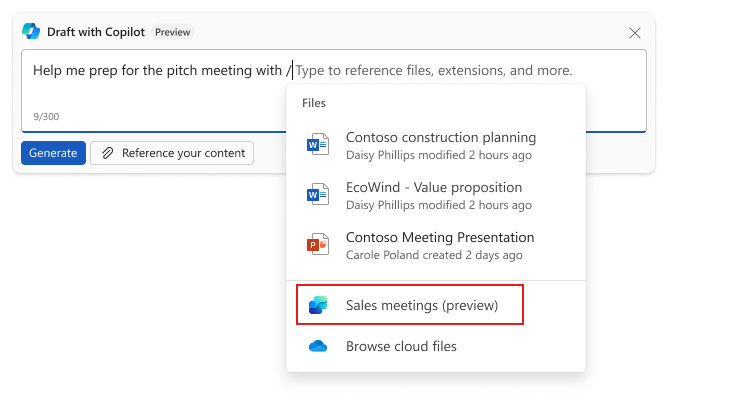 Screenshot showing Sales meetings select on the menu in Word.