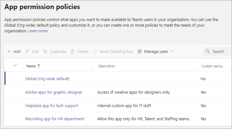 Screenshot showing custom and default app permission policies.