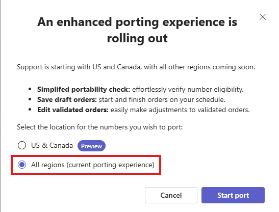 Screenshot that shows Teams admin center number port wizard for all regions.