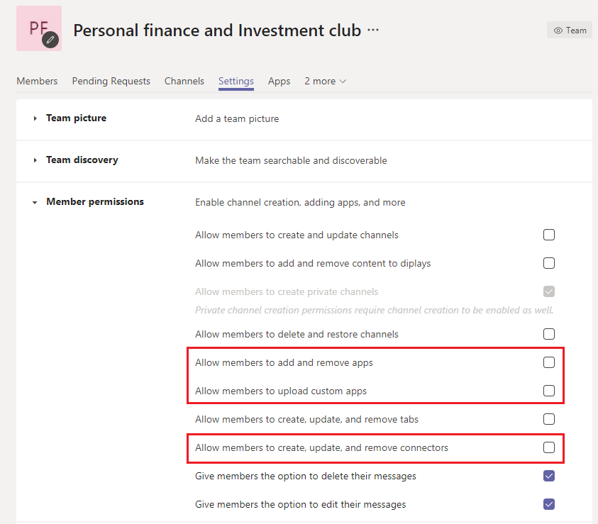 Screen image that shows the Member permissions section of the Settings pane.