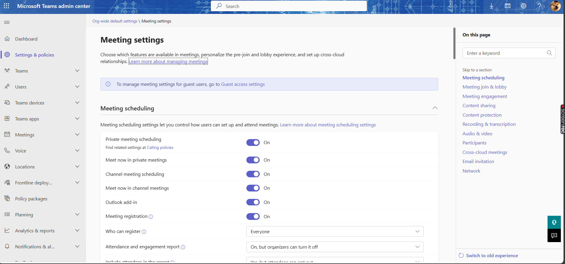 A screenshot of Org-wide default meeting settings page