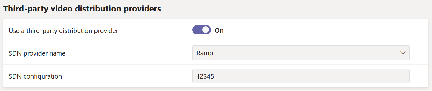 Third-party video distribution provider settings in the admin center.