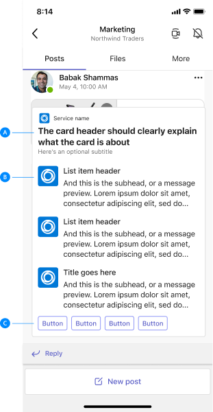 Example shows Adaptive Card anatomy on mobile.