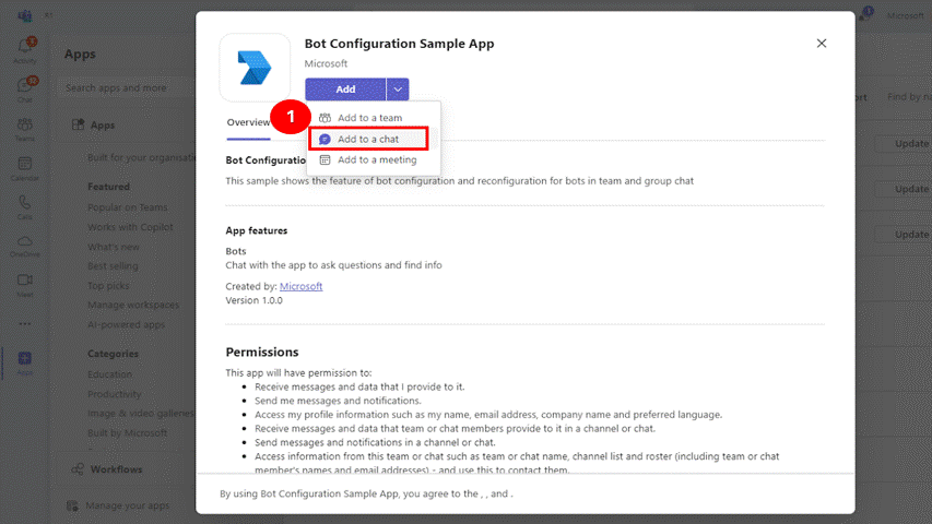 Graphical representation that shows adding a bot to a group chat and configuring the bot settings during installation.