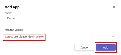 Screenshot shows the app name and the manifest version selected as Latest prerelease (devPreview) in Developer Portal.