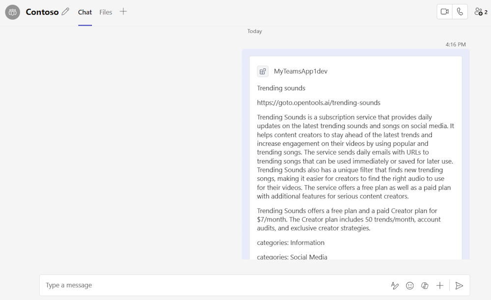 Screenshot shows an example of Adaptive Card sent to the user's chat in Microsoft Teams.