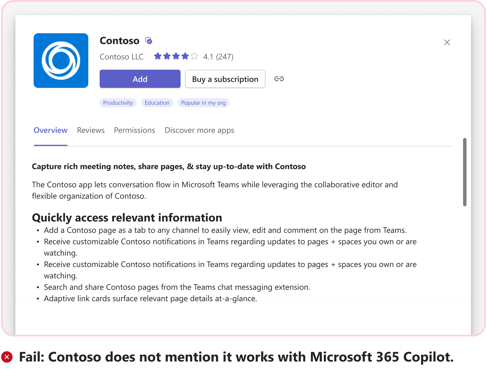 Screenshot shows a fail scenario without an example of sample prompt for message extension usage as a plugin in Microsoft 365 Copilot.