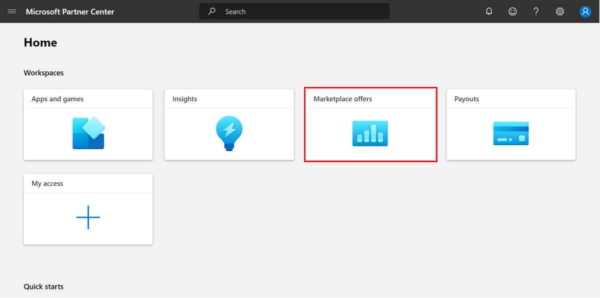 The screenshots shows the home page and Marketplace offer tab in the Partner Center.