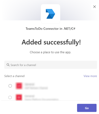 Screenshot of TeamsTodo Connector in .NET/C# to a team with Type a team or channel name highlighted in red.