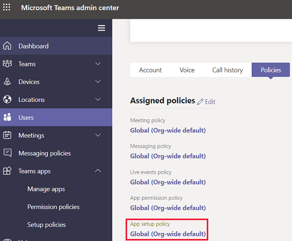 Screenshot of Microsoft Teams admin center windows. Assigned policies under Policies tab are listed.