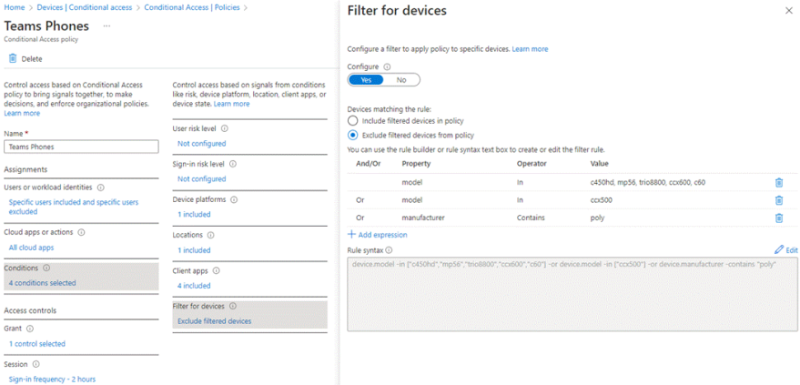 Screenshot of an example device filter.