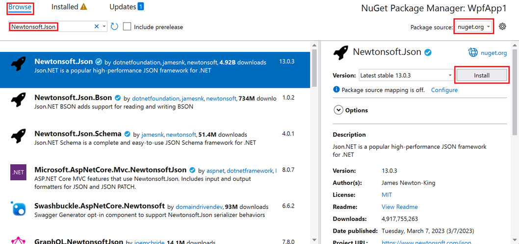 Screenshot showing the NuGet Package Manager window with the Browse tab selected.