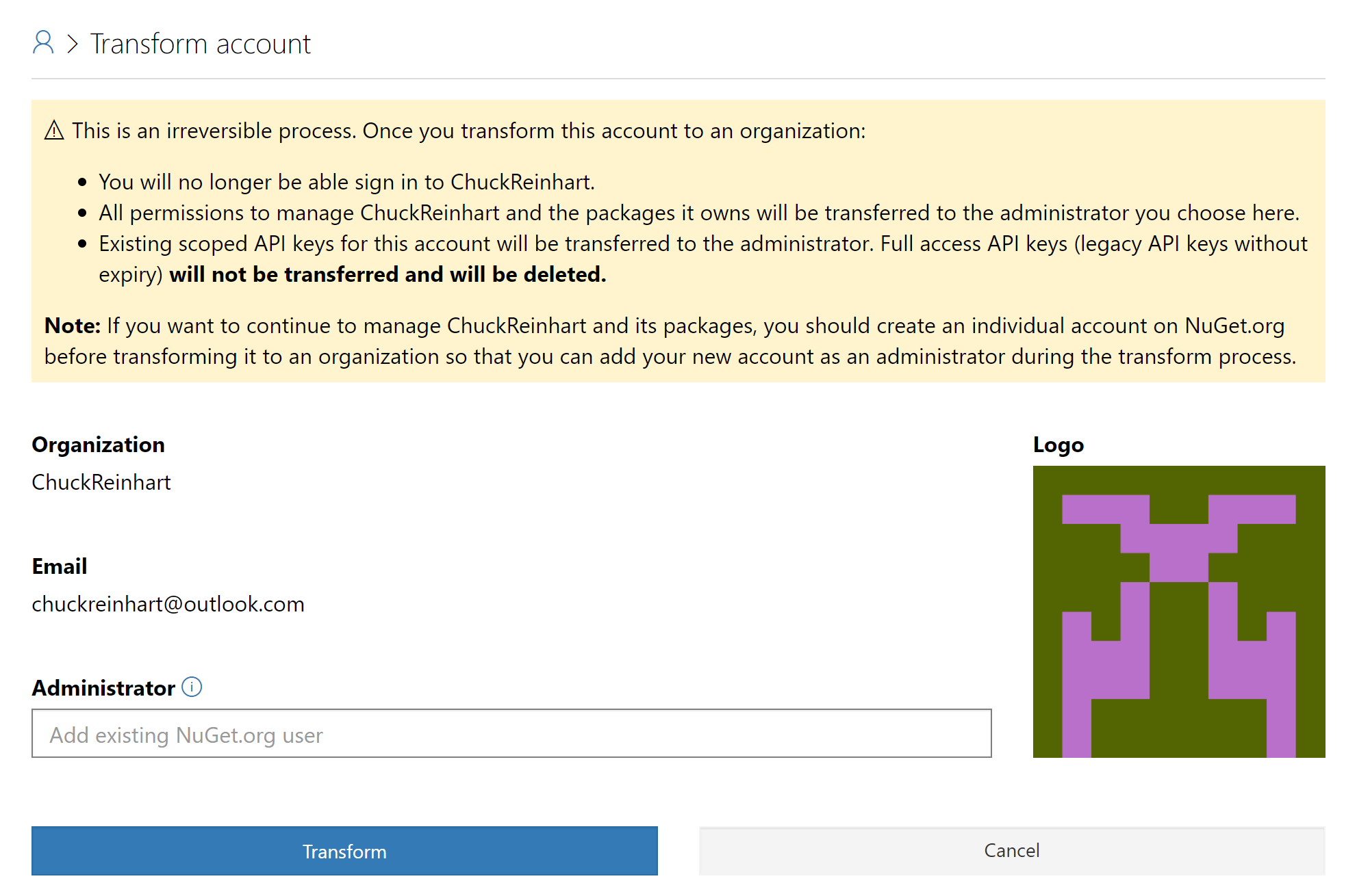 Entering information for transforming a user account to an organization