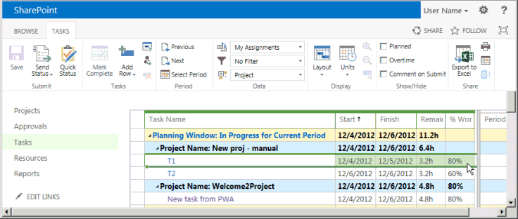 Verifying the updated tasks in Project Web App