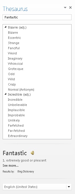 Definitions in the Thesaurus pane.