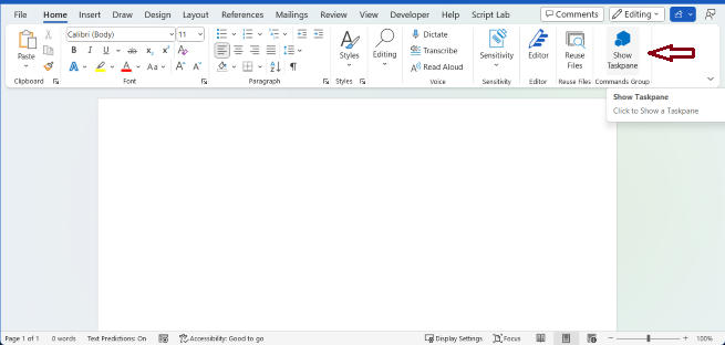 The Word application with the Show Taskpane button highlighted.