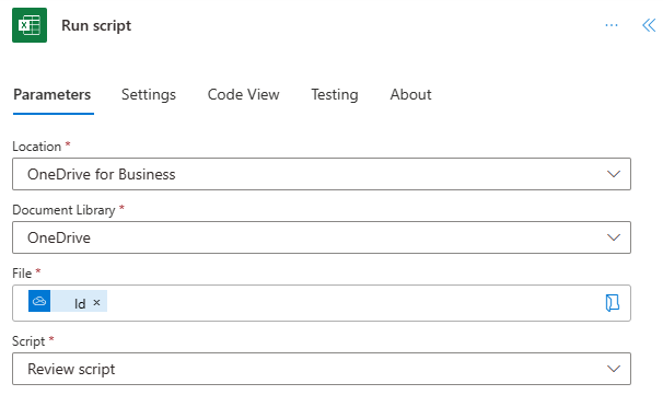 The completed Excel Online (Business) connector in Power Automate.