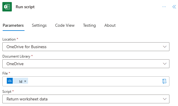 The completed Run script action in the action task pane.