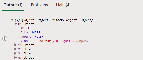 The console output from the previous script that shows the property values of the object.