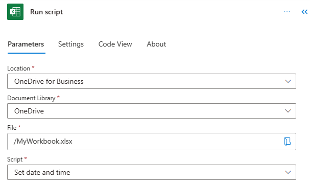 The Power Automate connector settings for running a script.