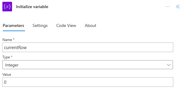 The completed 'Initialize variable' step for the 'currentRow'.