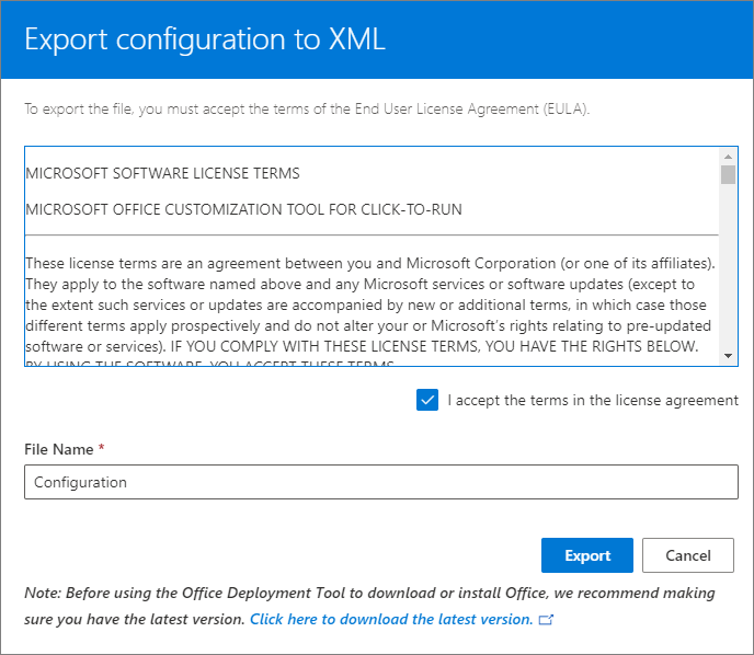 Screenshot of the Export configuration to XML page.