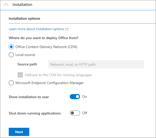 Screenshot of the page to select installation options.