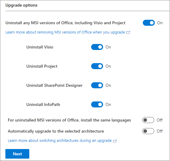 Screenshot of the page to select upgrade options.