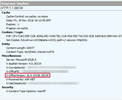 Screenshot to check the X-OfficeVersion in the Response Headers.