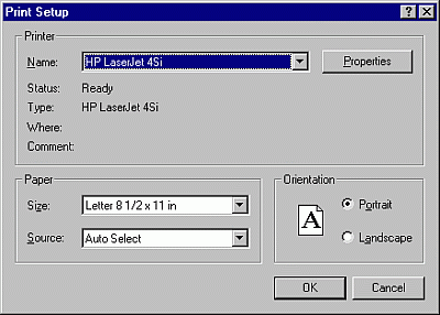 Print setup dialog box