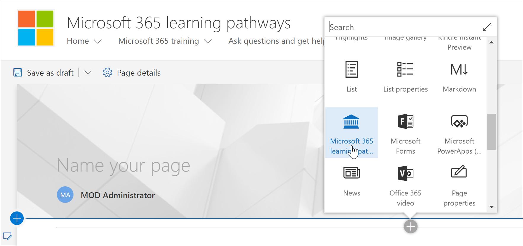 Screenshot shows where you select Microsoft 365 learning pathways.