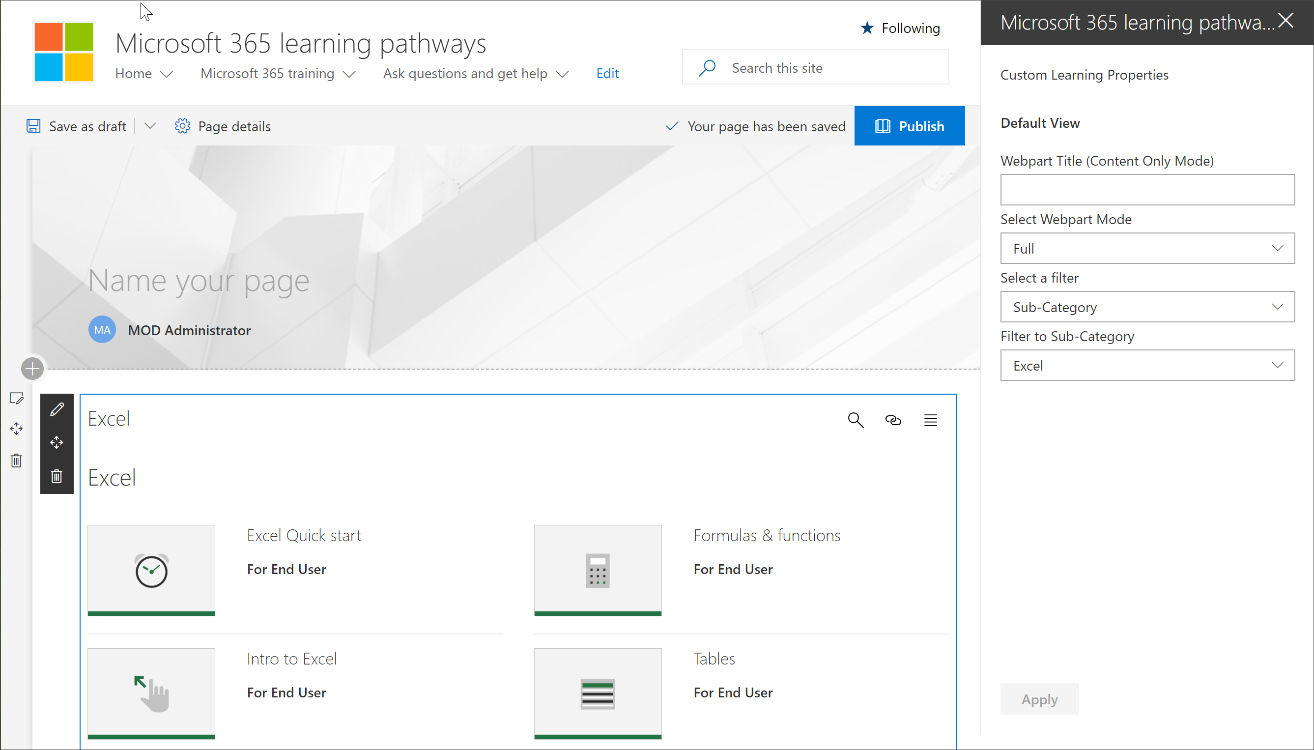 Screenshot shows filters set in the Microsoft 365 learning pathways window.