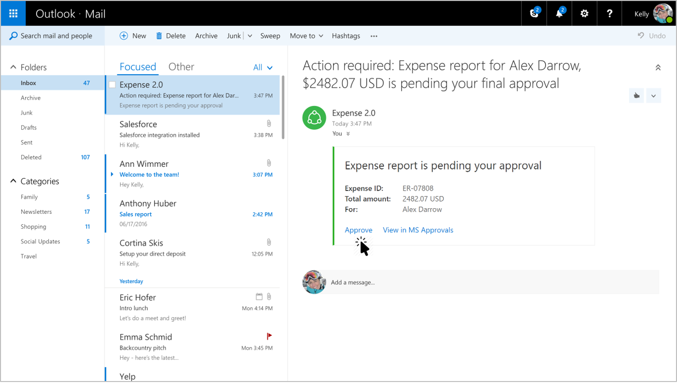 An expense report message card rendered in Outlook