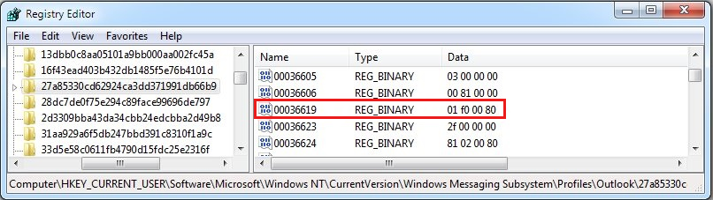 Screenshot of the Security tab of the Microsoft Exchange dialog box, checking the value of the 00036619 binary value.