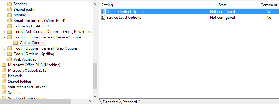 Screenshot of Online Content Options policy setting.