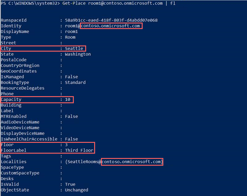 Screenshot of the command output. Highlighted text shows the city, capacity, floor, and floor label information, and the segment of the SMTP address that follows the @ character in Identity and Localities.