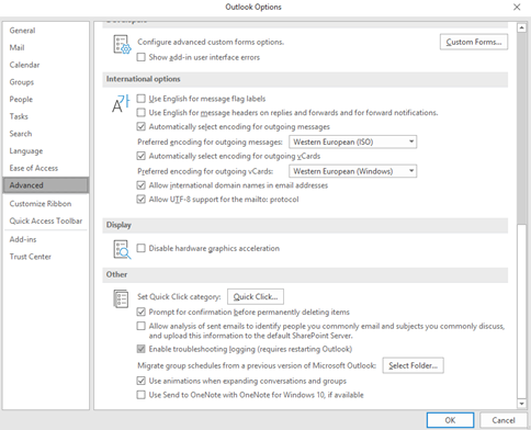 Screenshot of the Advanced tab of Outlook Options.