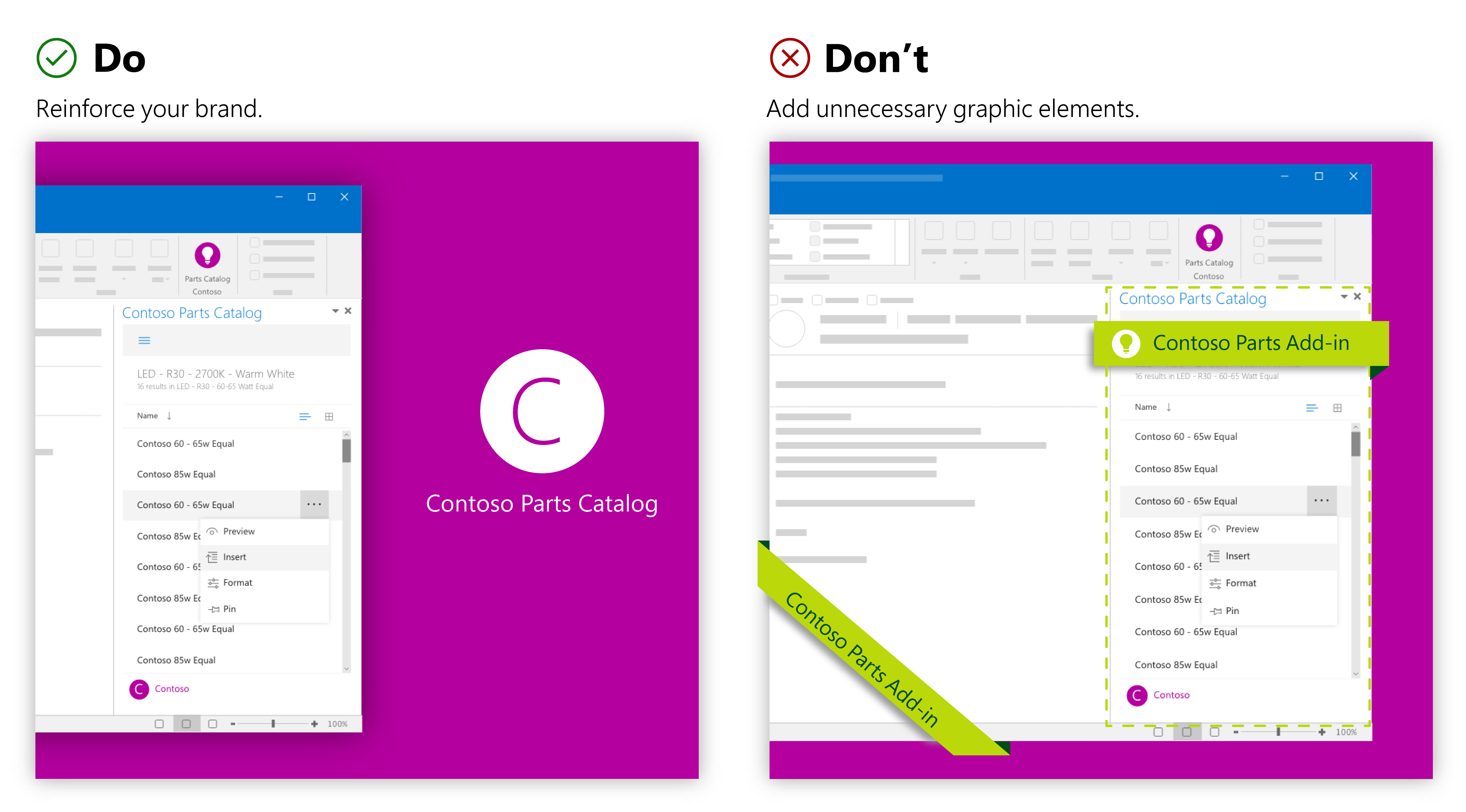 Image with one simple branding element next to an image with multiple brand elements that block content.