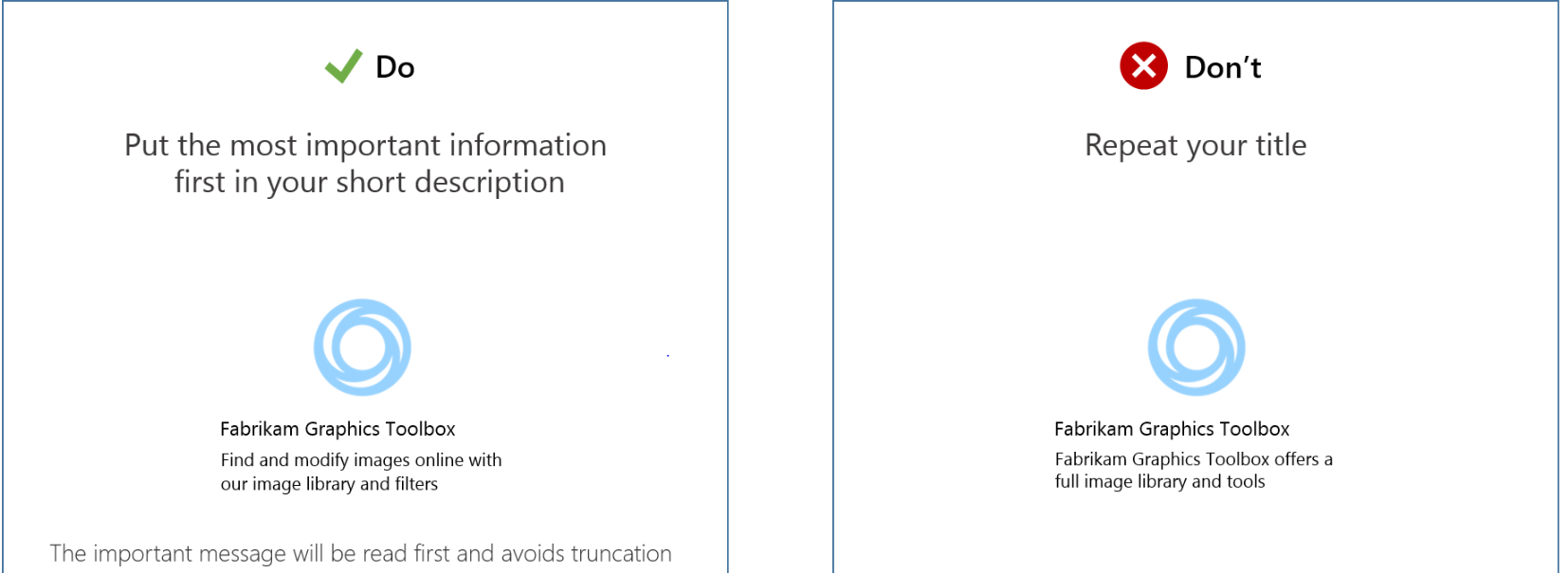 An image that shows a good summary next to one that relies on the brand name.