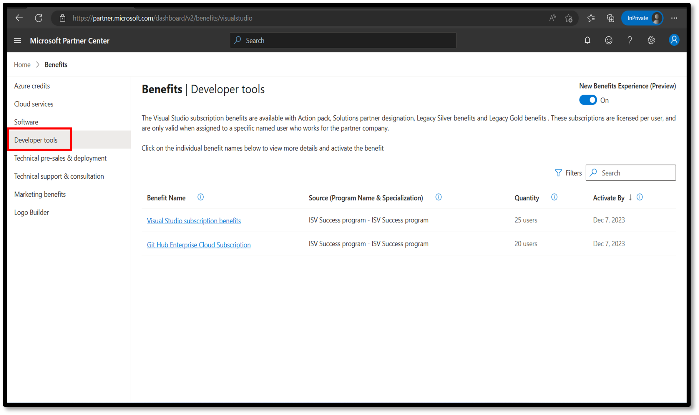 Screenshot of developer tools page in Partner Center.