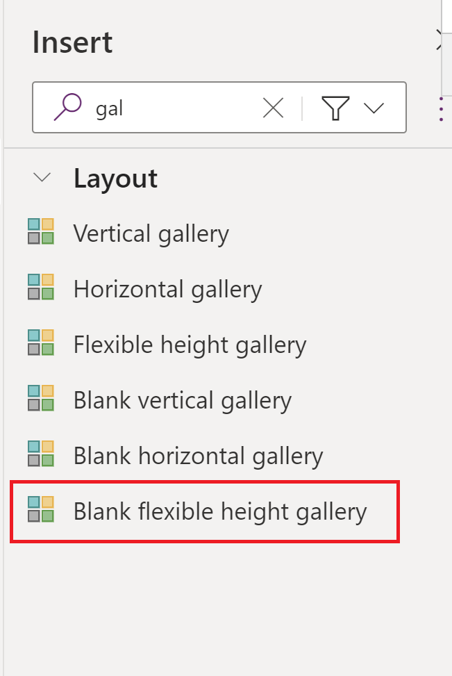 Screenshot of Power Apps Studio with Blank flexible height gallery highlighted