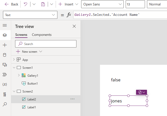 A screenshot of Power Apps Studio showing a cross-referenced control