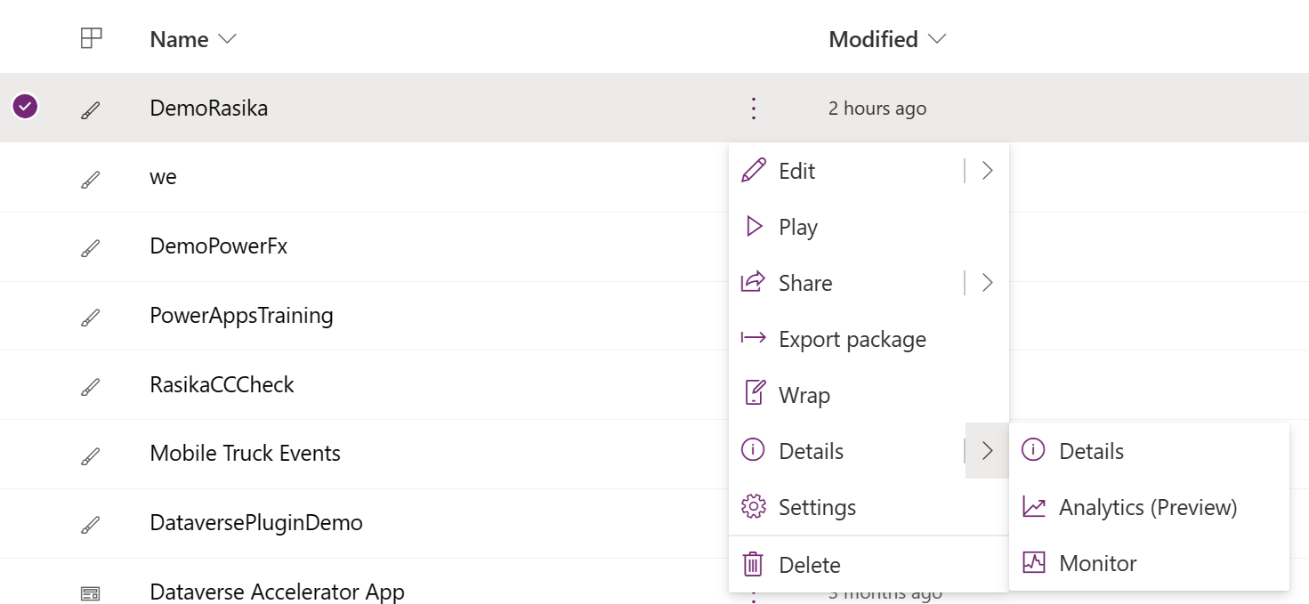 A screenshot of Power Apps with the context menu open, showing Monitor