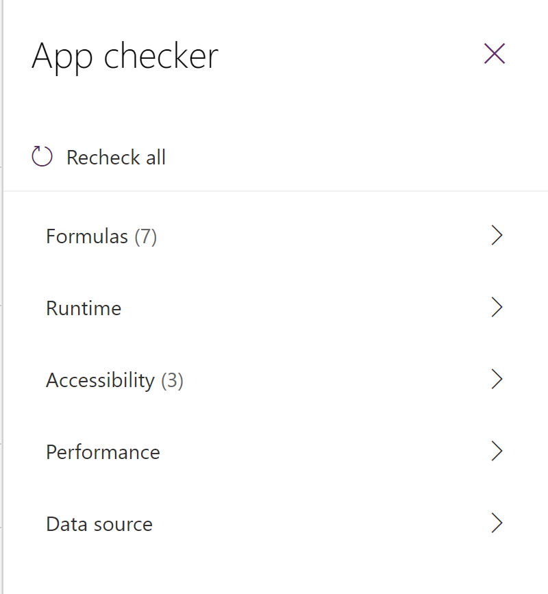 A screenshot of Power Apps showing the App Checker user interface