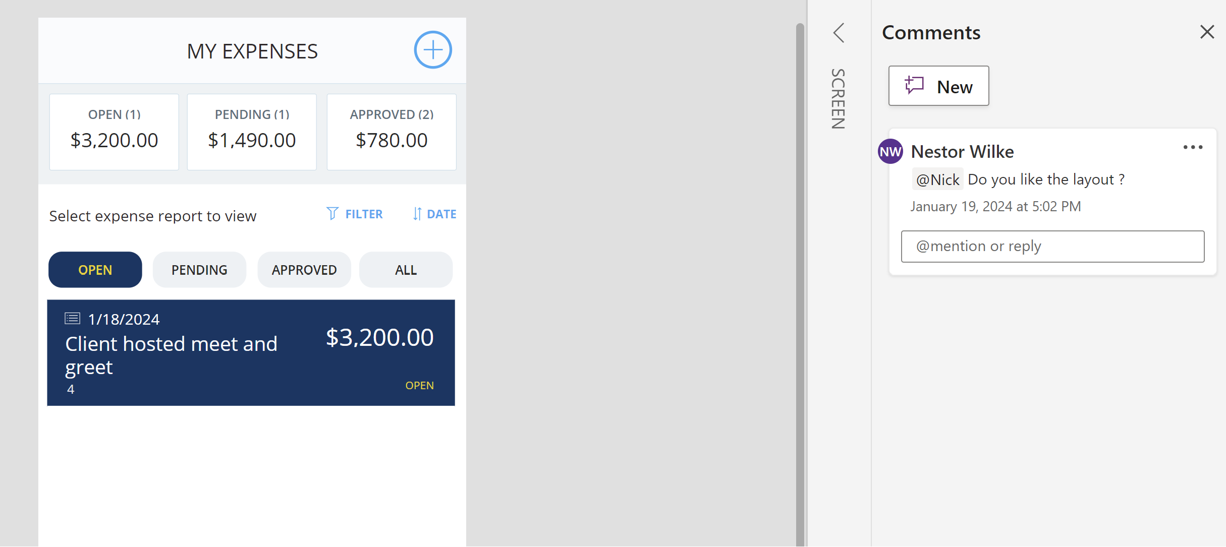 A screenshot of an expenses app showing a person @ mentioned in the comment