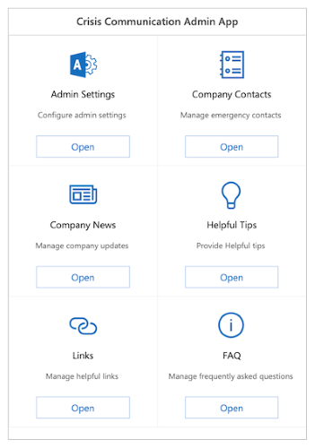 A screenshot of the Crisis Communication admin app.