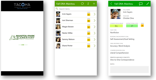 Screenshots of the Tacoma Public Schools DRA2 app.