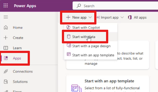 Screenshot that shows how to create an app by starting with data under the New app menu.